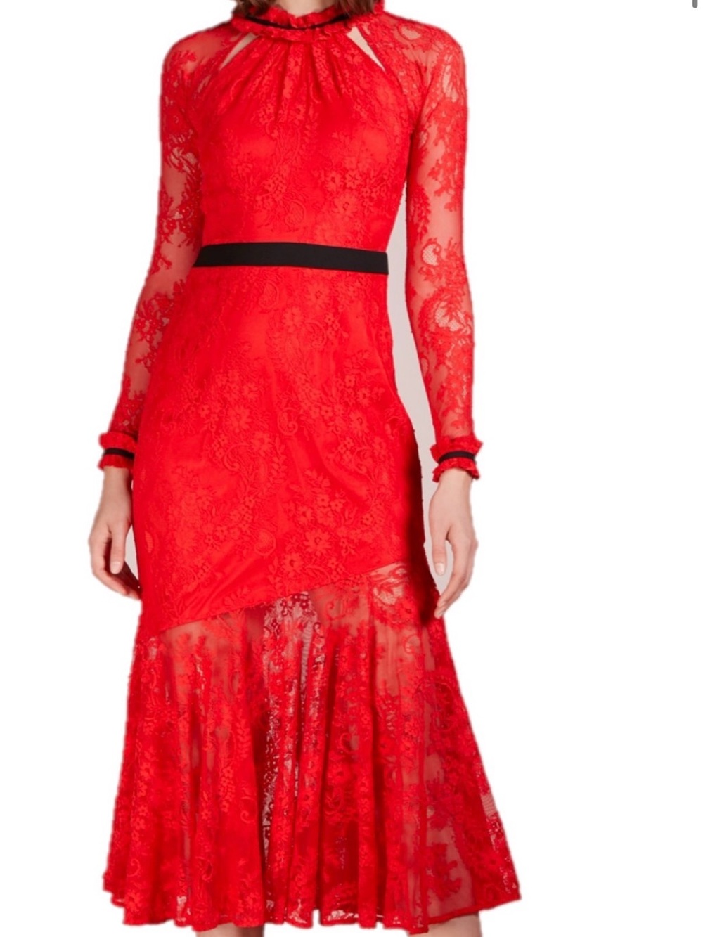 Three Floor Red Lace Midi Dress with Black Waist